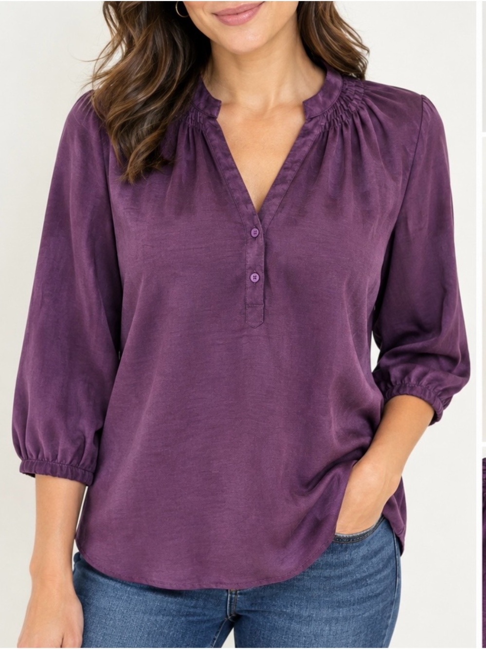 Sag Harbor Plum Smocked V-Neck Blouse